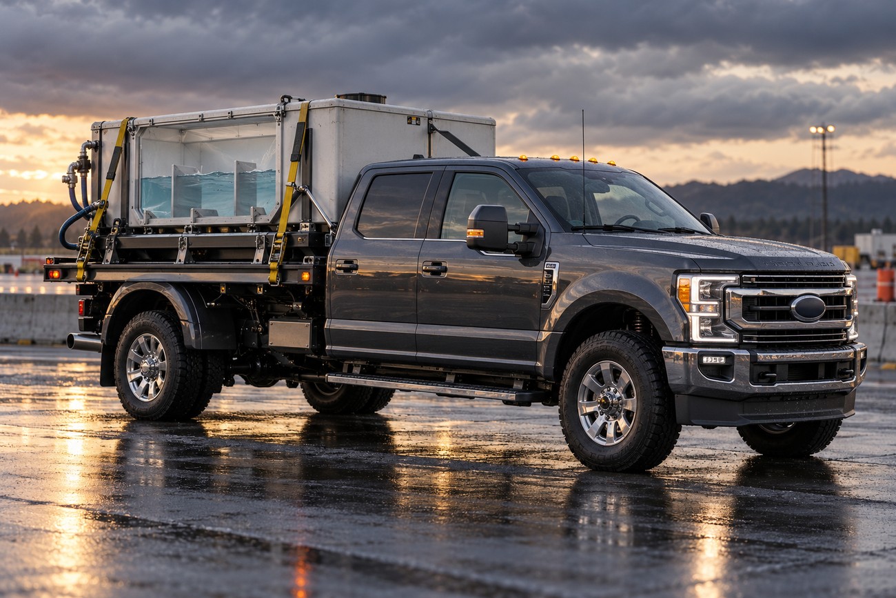 A dark gray Ford F-250 pickup truck featuring a custom water-filled hot tub installed in its flatbed during sunset