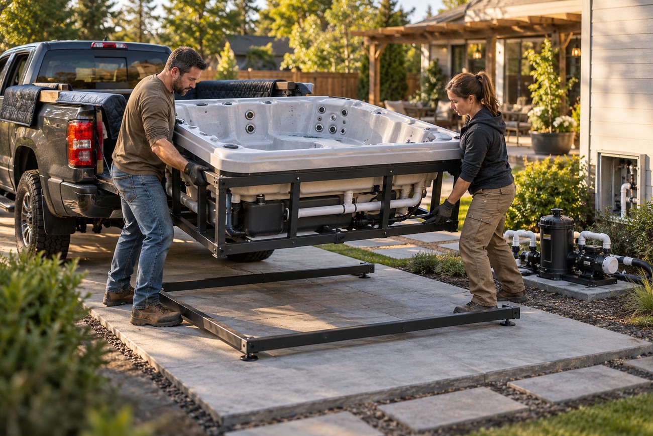 A man and woman unloading a hot tub from the bed of a Ford F-250 truck in a driveway
