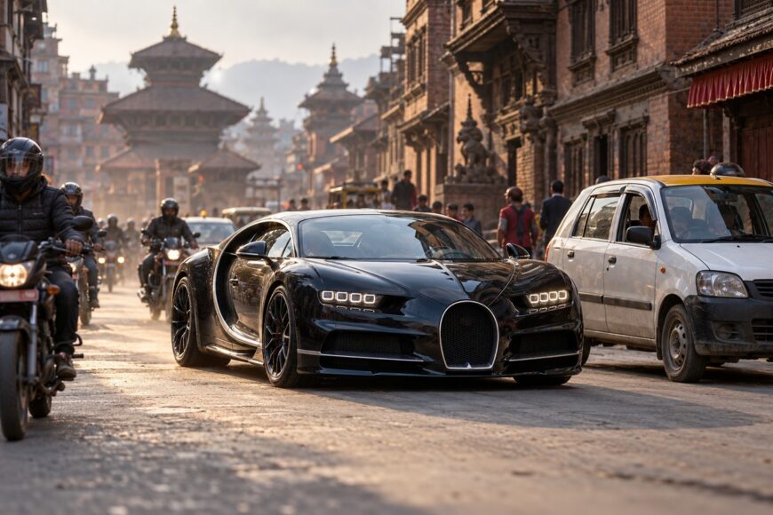 A black Bugatti Chiron hypercar driving down a crowded historic street in Kathmandu amidst local motorcycles and traditional buildings