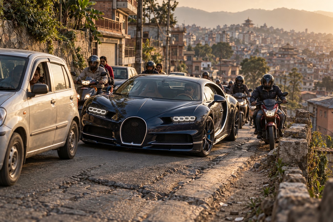 A sleek dark Bugatti Chiron hypercar driving on a congested hilly street in Kathmandu surrounded by motorcycles and local traffic