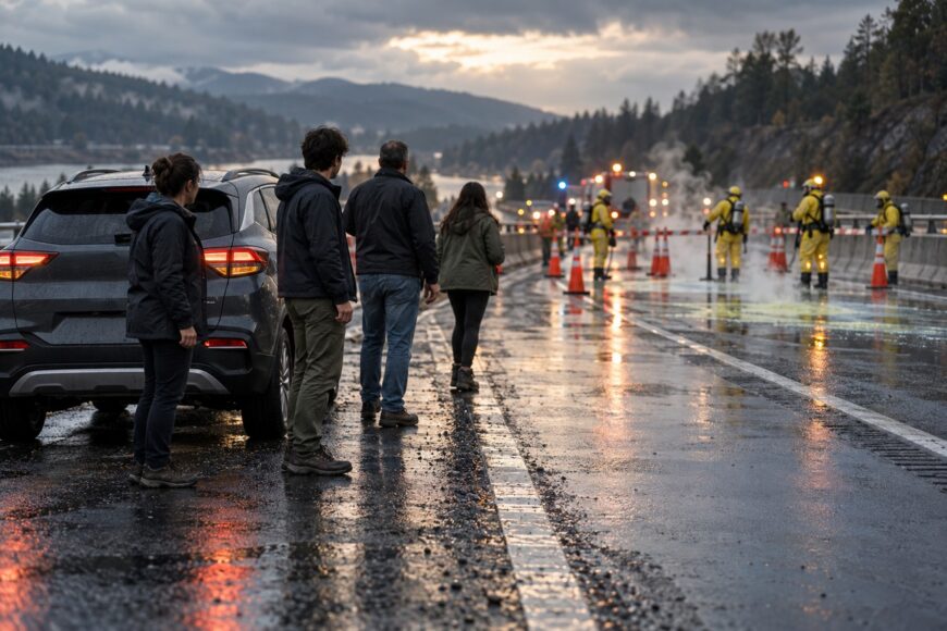 People standing near a grey Kia Sportage watching emergency workers in hazmat suits respond to a chemical spill on a wet highway