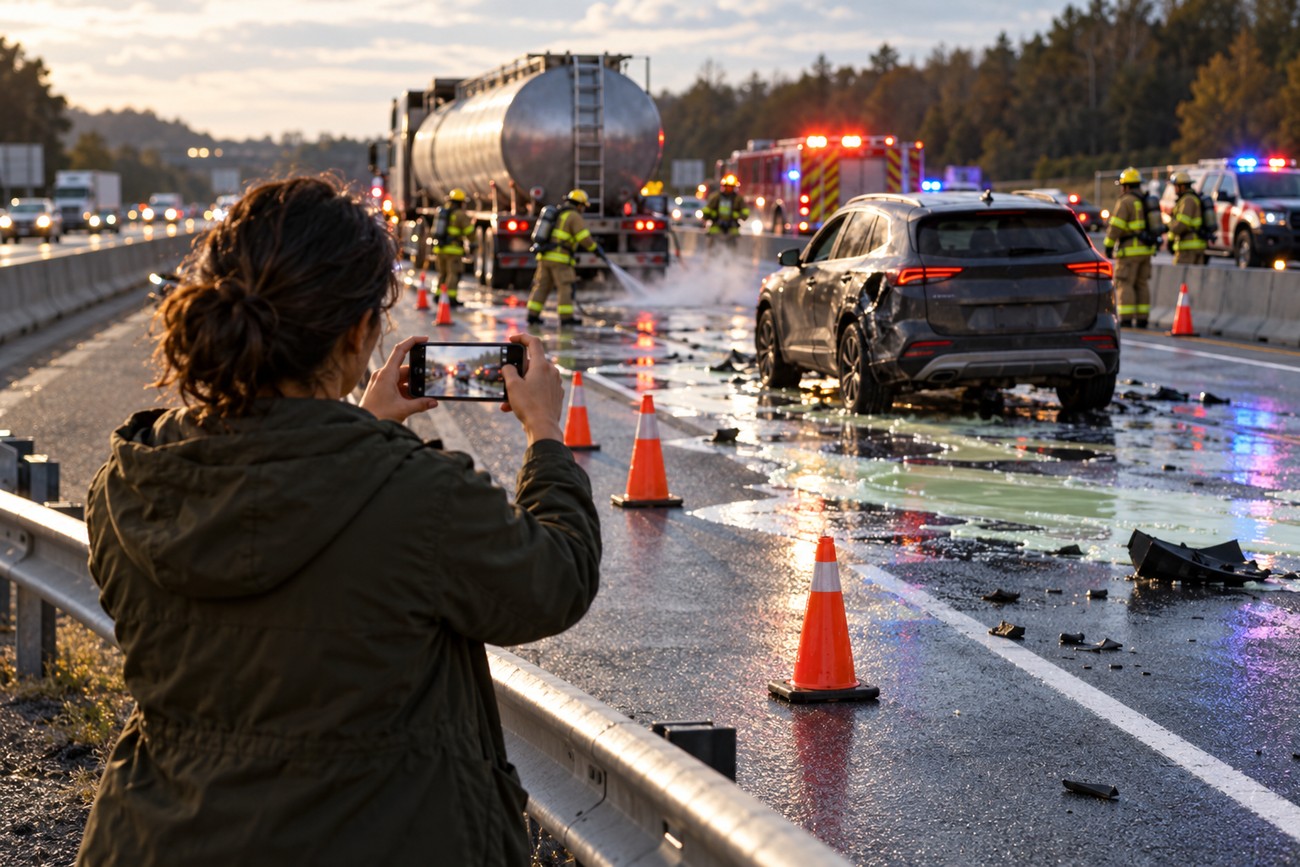 A woman photographing a hazardous chemical spill and a damaged Kia Sportage on a highway near emergency vehicles