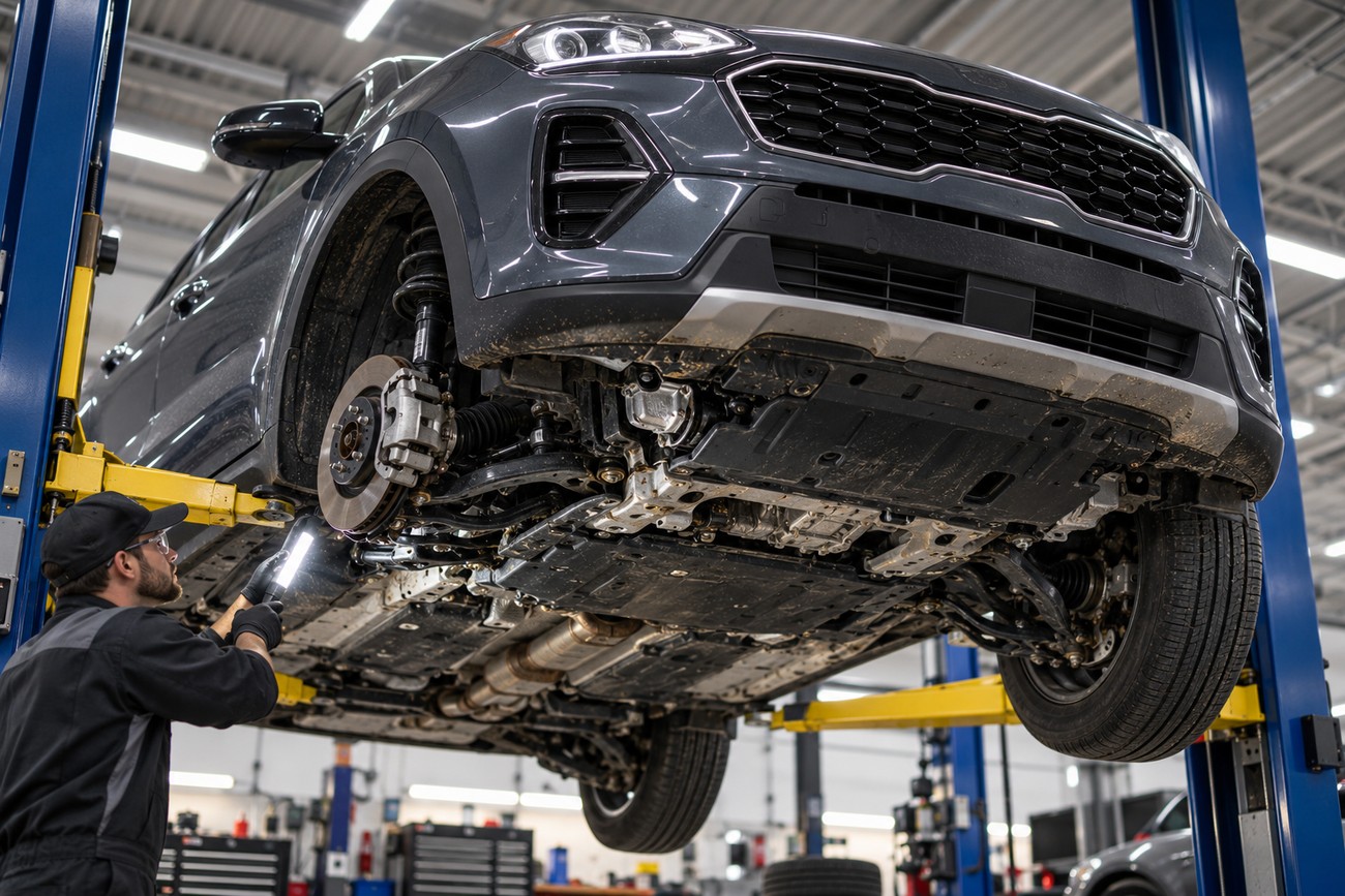 A mechanic with a flashlight inspecting the undercarriage of a dark Kia Sportage lifted on a hydraulic hoist in a workshop