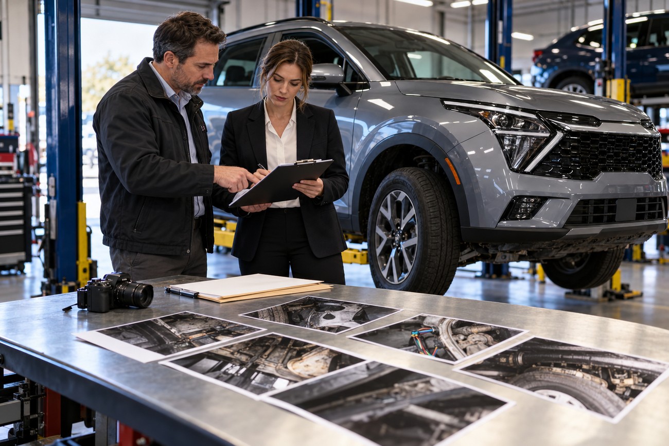 An insurance adjuster and a mechanic examine damage photographs of a Kia Sportage in an auto repair shop