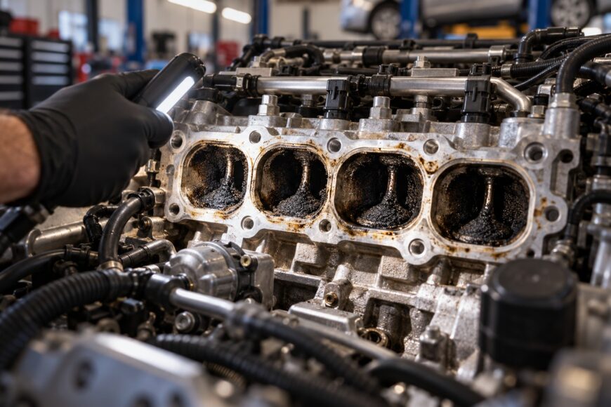 Mechanic wearing a black glove uses a flashlight to inspect heavy carbon buildup on direct injection engine intake valves