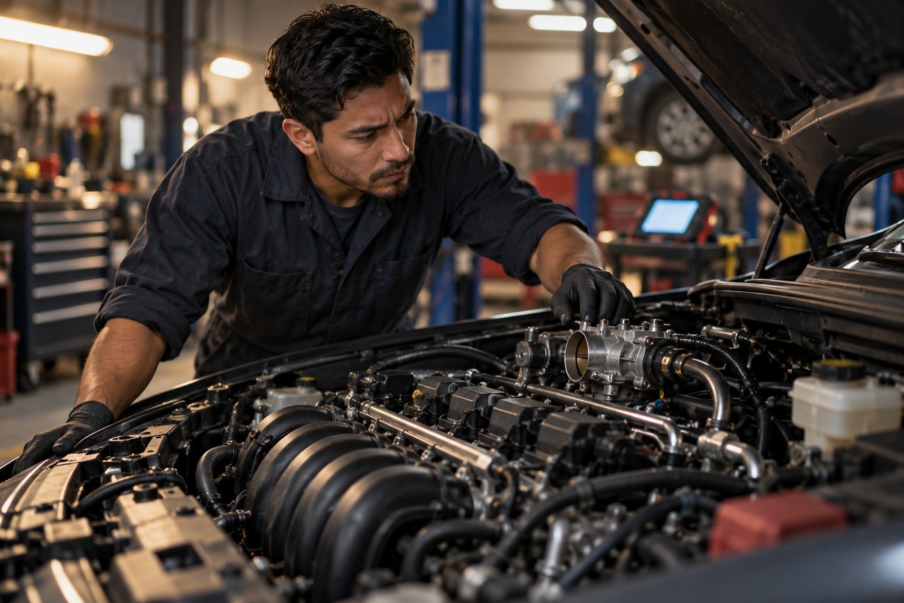 A mechanic wearing gloves examines the intake manifold and throttle body under the hood of a car in a repair shop