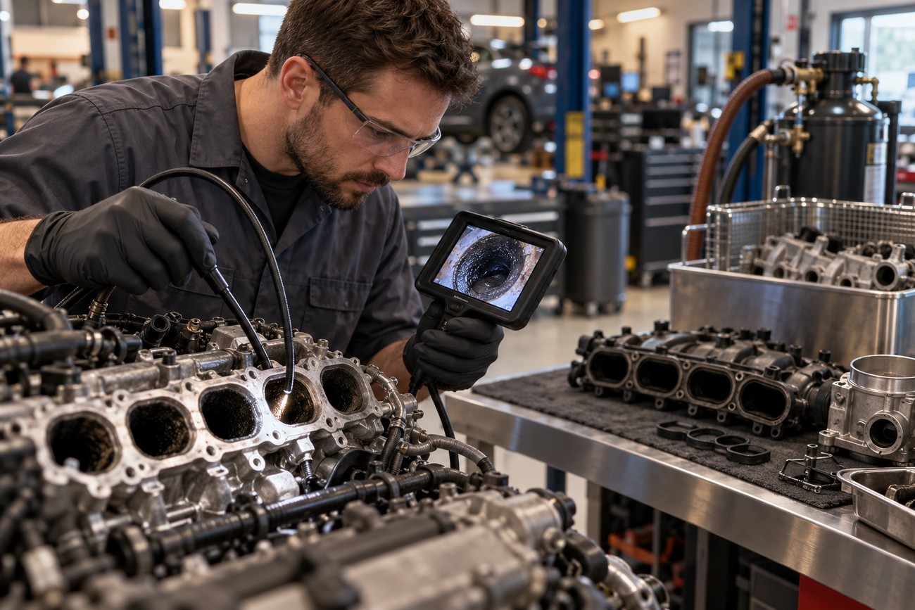 Mechanic wearing safety glasses uses a borescope to check carbon deposits in an engine intake port