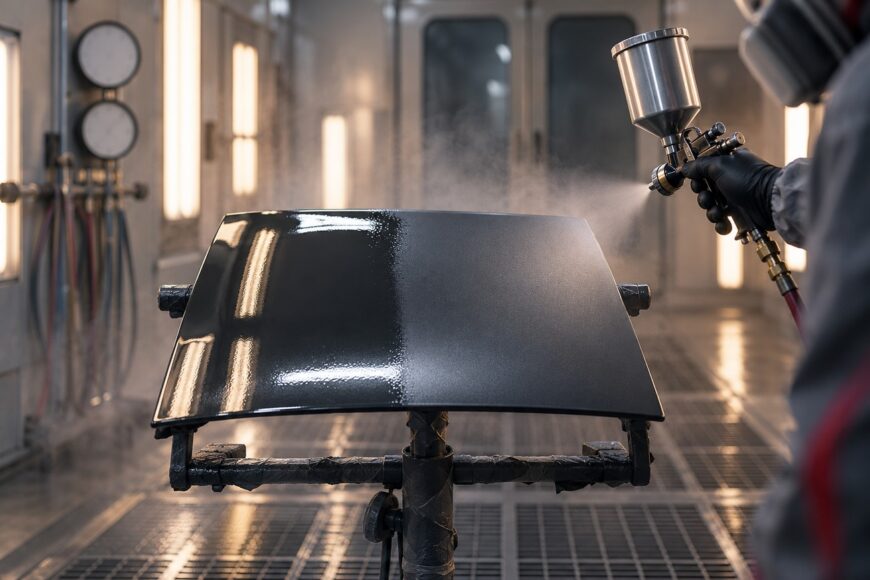 A technician wearing a respirator and black gloves uses a spray gun to apply a new coat of paint to a dark car panel in a professional spray booth