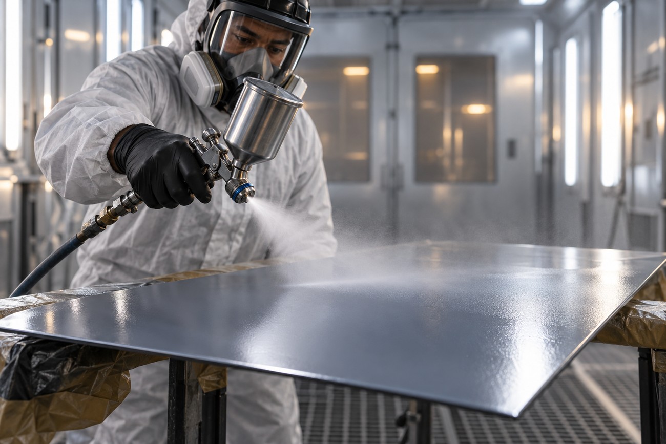 A professional painter in a protective suit and respirator using a spray gun to apply a new coat of paint to a metal panel in a booth
