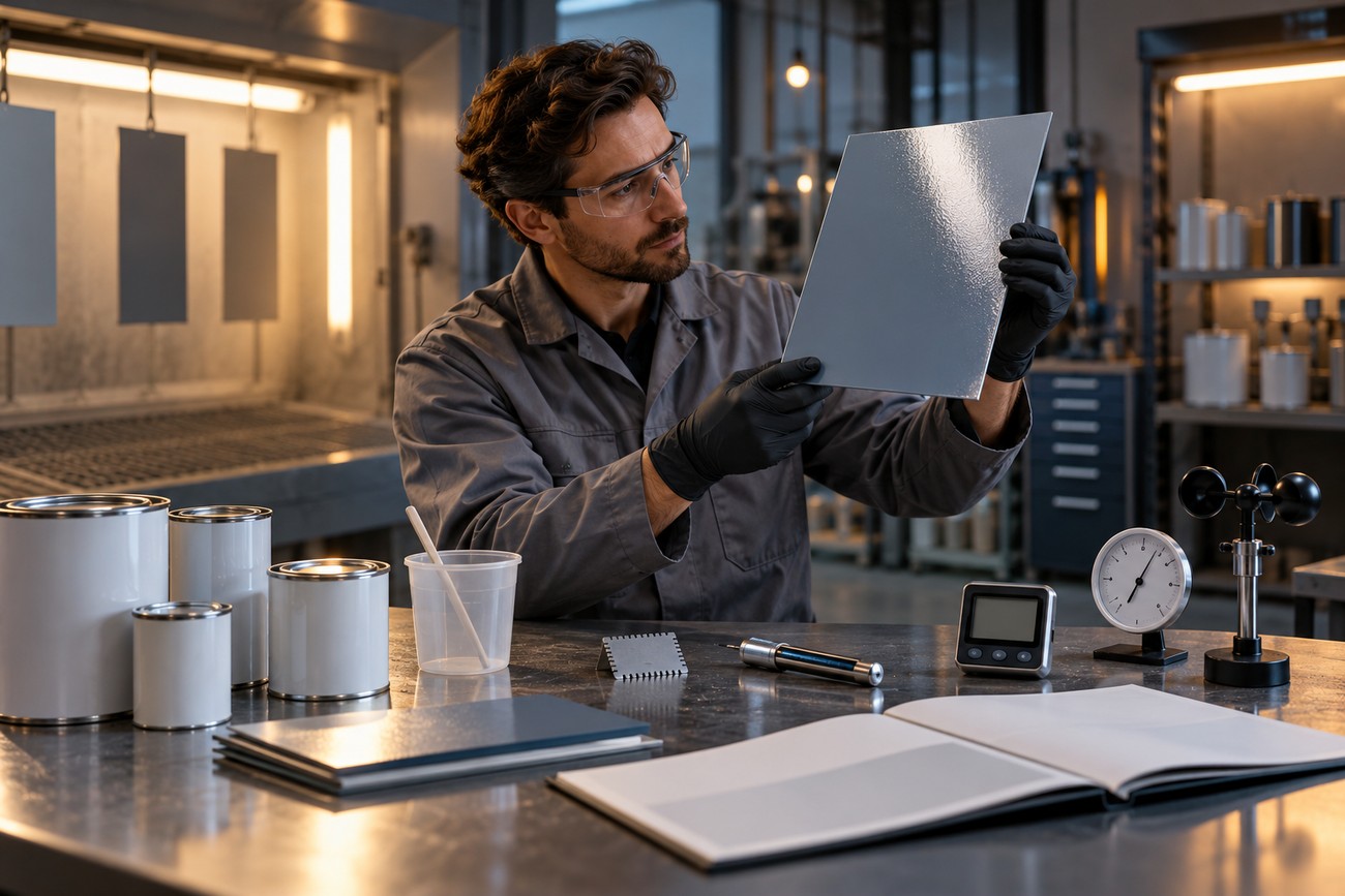 A technician in safety glasses and gloves examines a painted metal panel in a workshop with paint cans and measuring equipment on the table