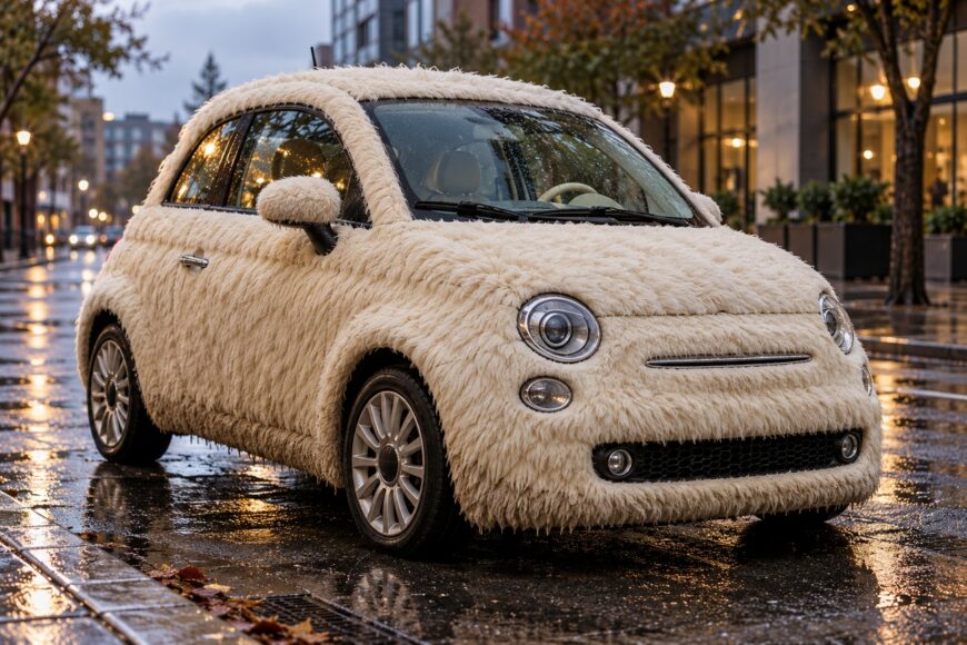 A beige faux fur covered Fiat 500 art car parked on a wet urban street with autumn leaves