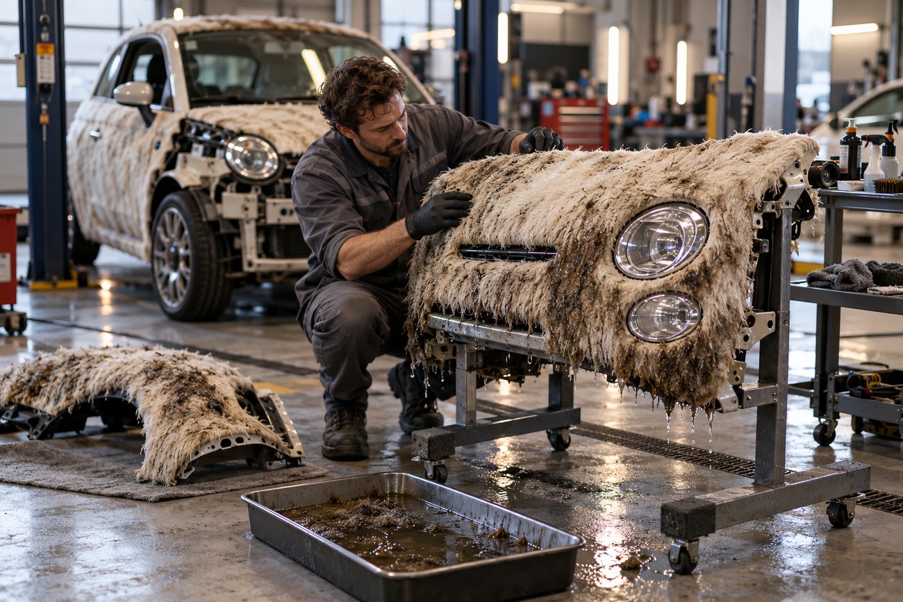 A mechanic in a workshop washes a wet fur-covered front bumper of a Fiat 500 art car