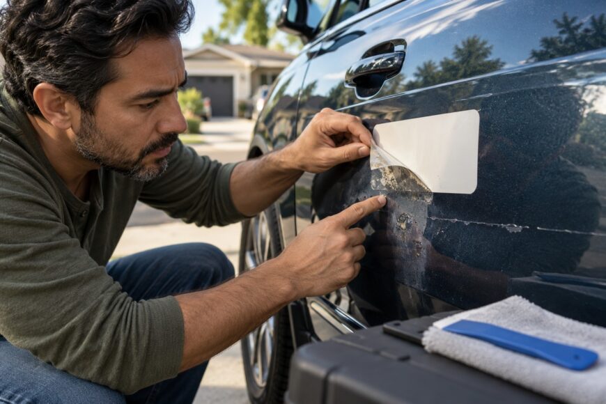 Man carefully peeling a white sticker off the dark painted door of a car outdoors