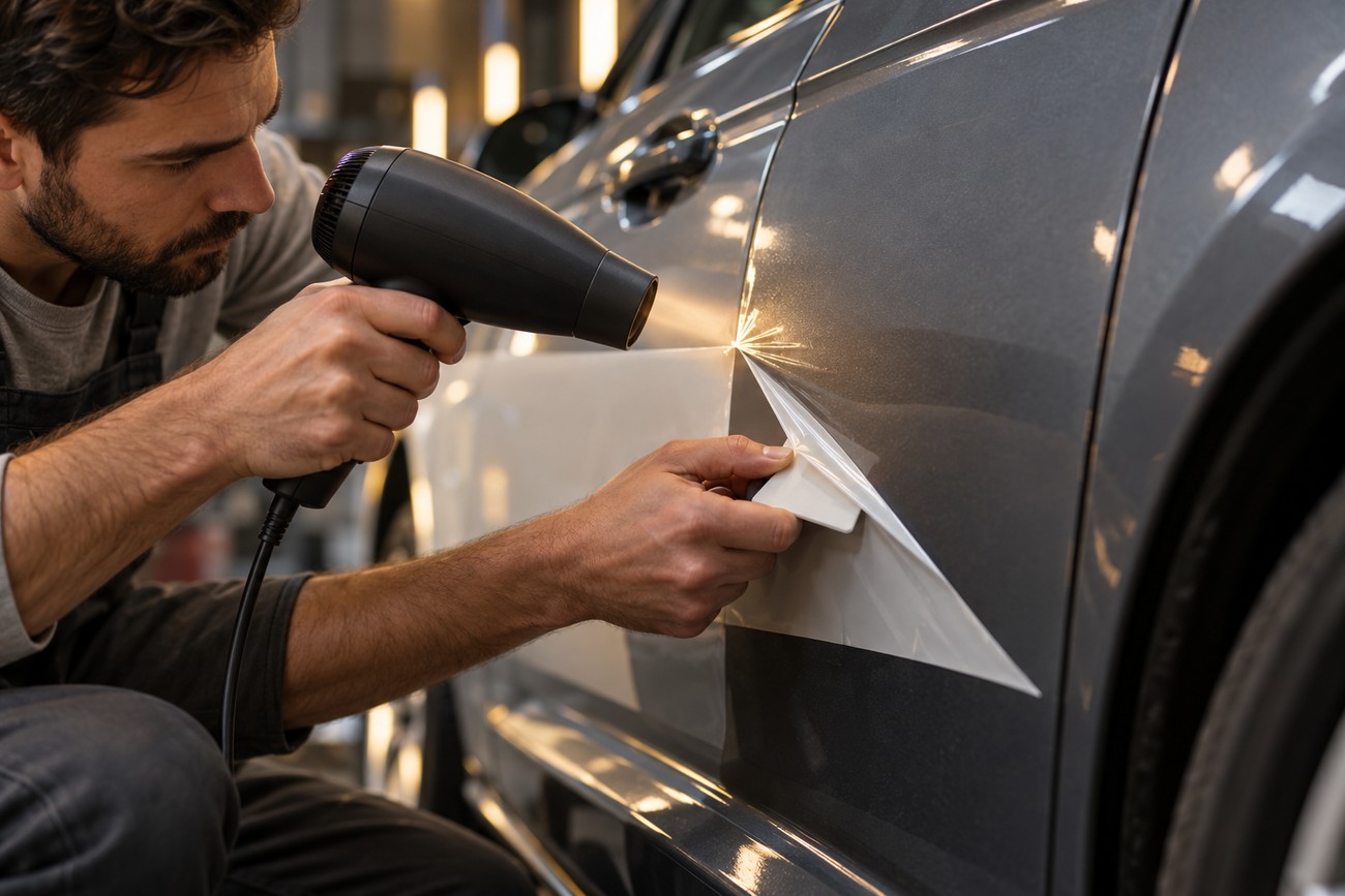 A man carefully heating and peeling a sticker off the side door of a grey car using a hairdryer and a scraper