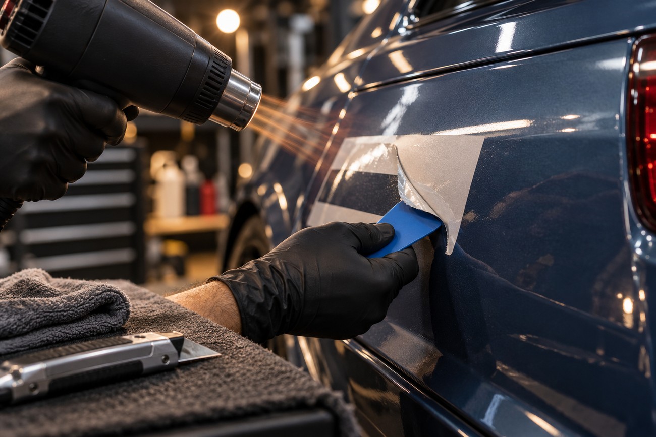 A person in black gloves using a heat gun and plastic tool to remove a sticker from a blue car