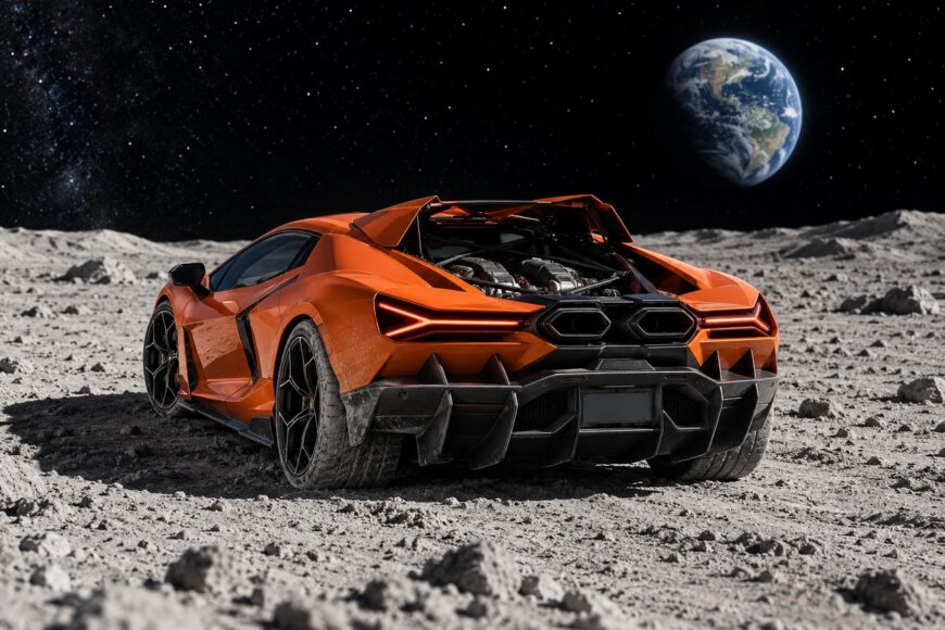 An orange Lamborghini Revuelto parked on the dusty lunar surface with the planet Earth shining in the starry sky