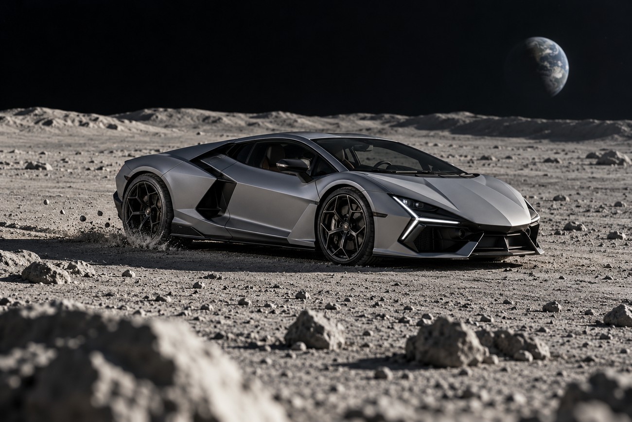 A silver Lamborghini Revuelto parked on the rocky lunar surface with Earth visible in space