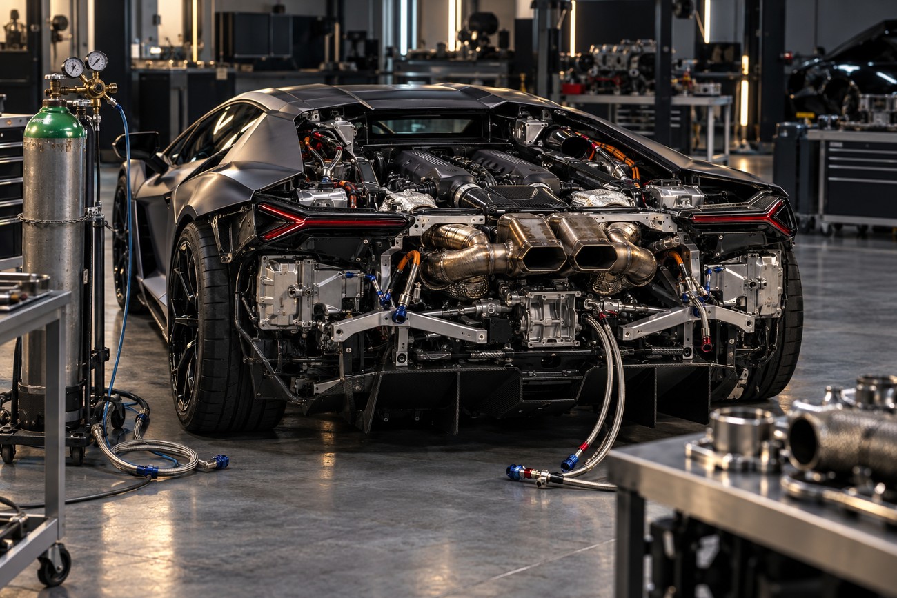 Rear view of a Lamborghini Revuelto with an exposed V12 engine and exhaust system inside a workshop