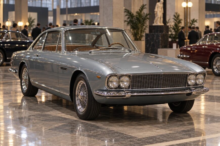 A vintage light blue Prince Skyline Sport coupe with wire wheels parked inside a grand exhibition hall with marble flooring