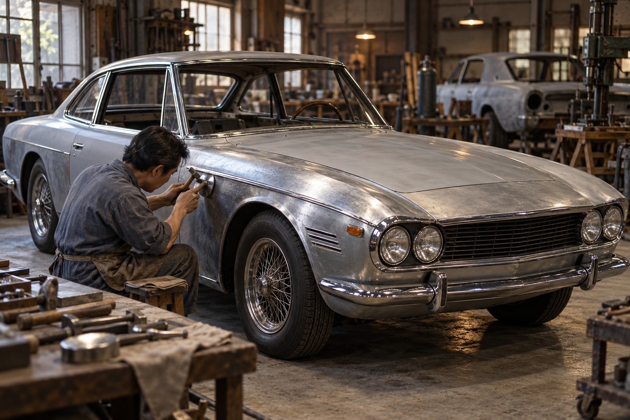 A craftsman meticulously hammering the bare metal body panel of a classic Prince Skyline Sport coupe in a vintage workshop