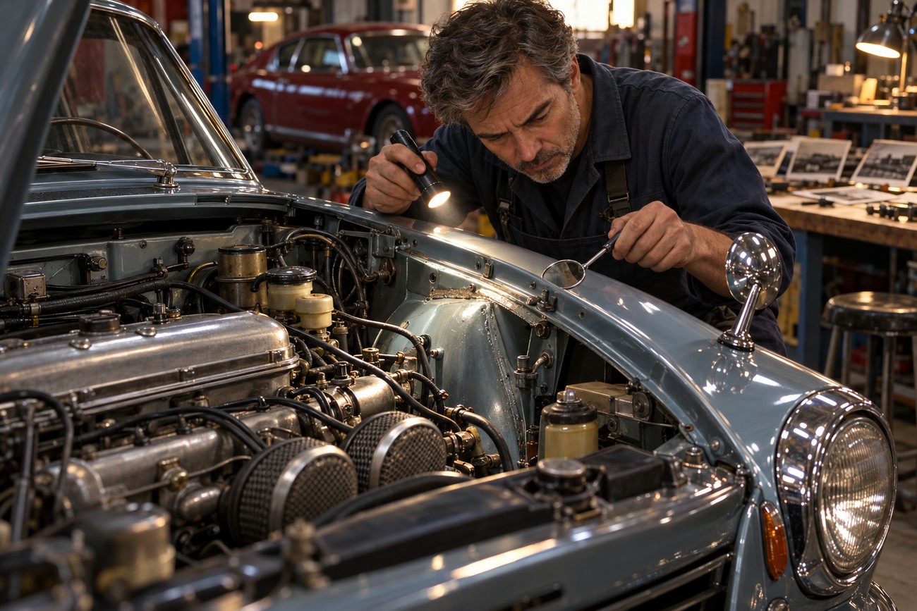 A mechanic with a flashlight and magnifying glass inspecting the engine bay of a classic light blue Prince Skyline Sport in a garage