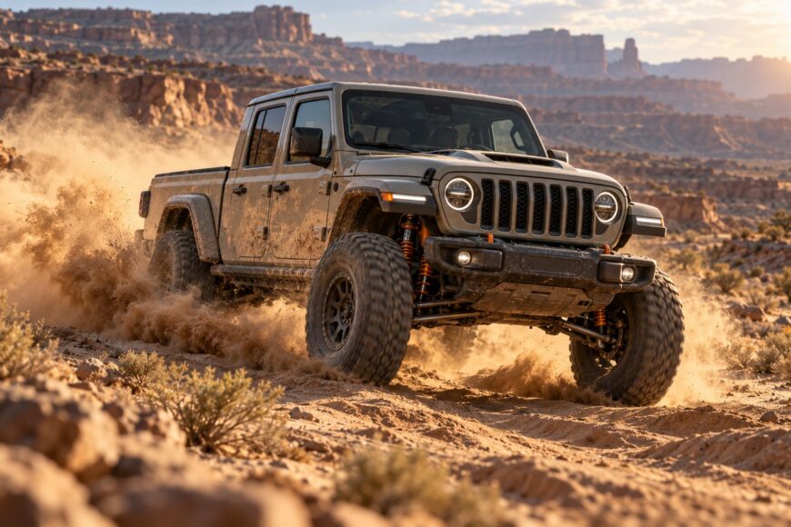 A beige Jeep Gladiator Mojave navigating a rocky desert trail and kicking up dust during an off-road drive