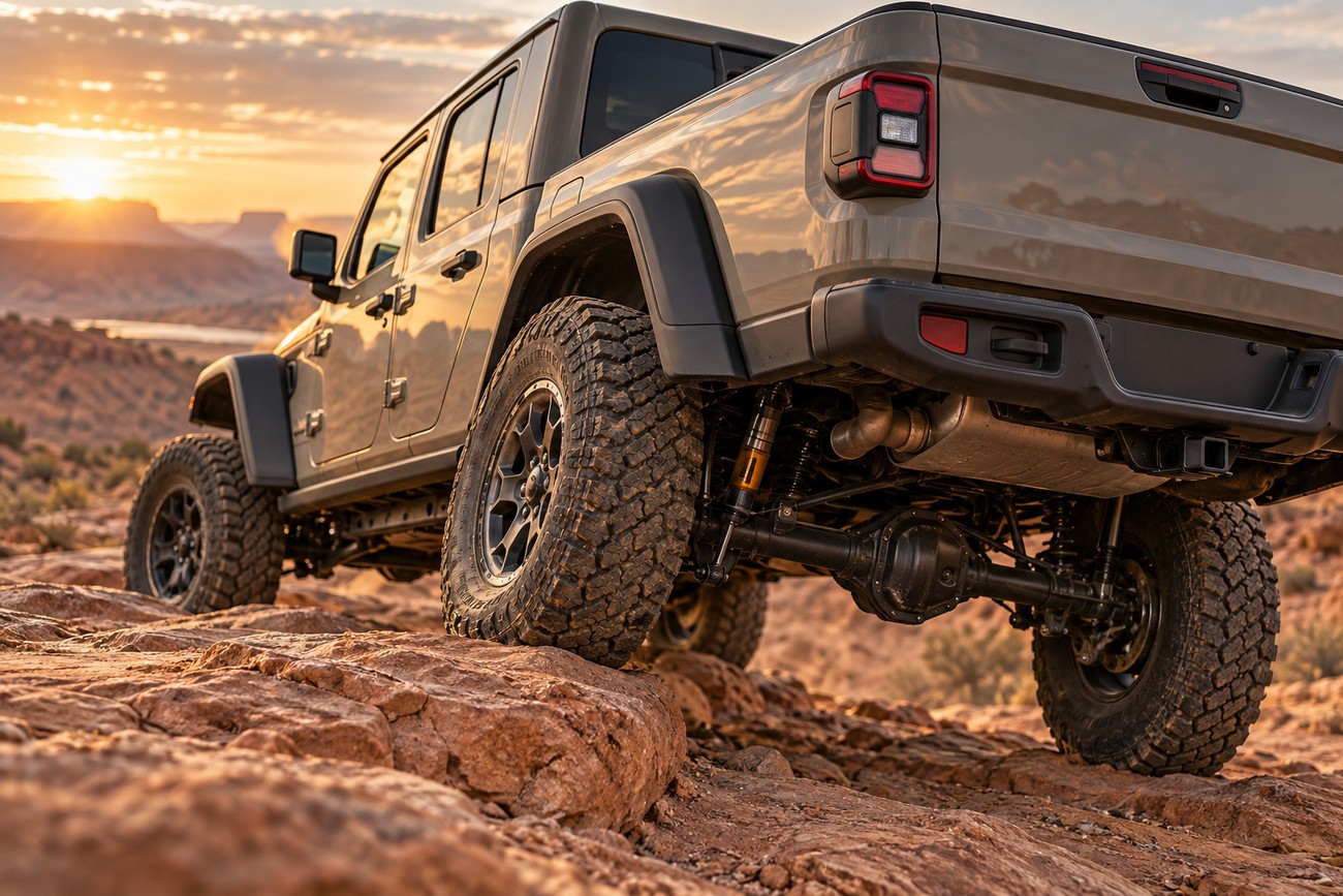 A beige Jeep Gladiator Mojave driving over large rocks in a desert during sunset