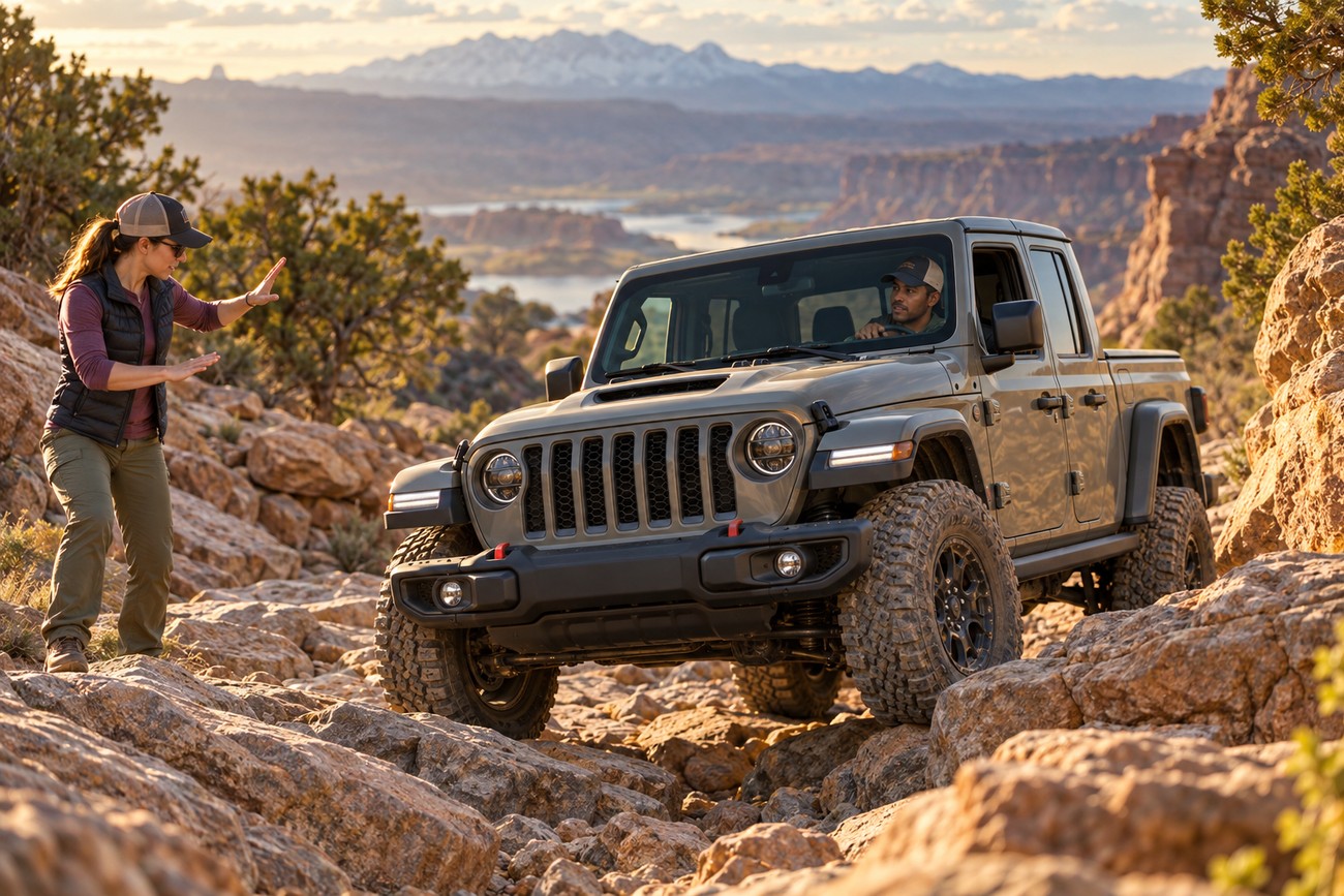 A woman spotter guides a driver navigating a grey Jeep Gladiator Mojave through a rocky off-road trail in a desert landscape