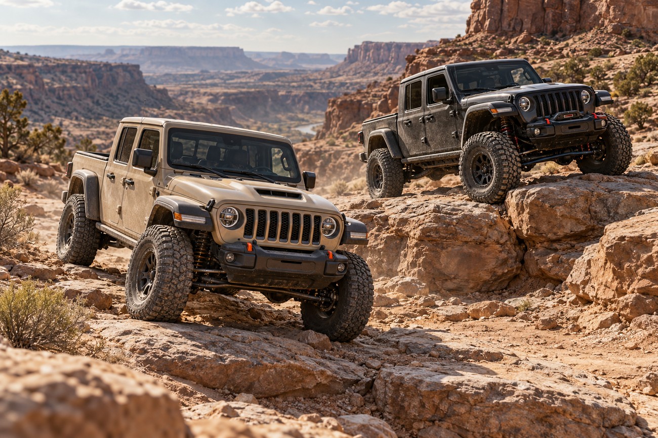 Two Jeep Gladiator Mojave off-road trucks navigating rocky terrain in a rugged desert canyon