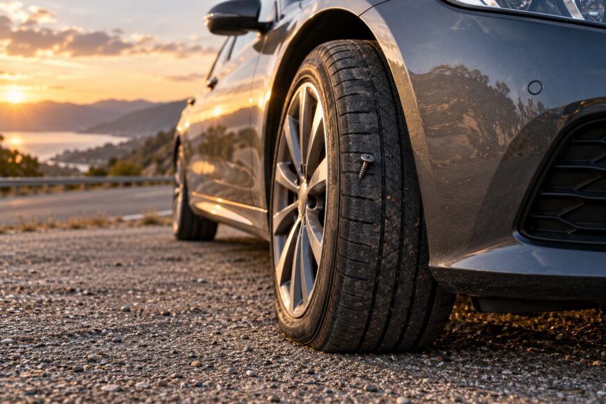 A metal screw stuck in the tread of a car tire parked on a gravel roadside during sunset