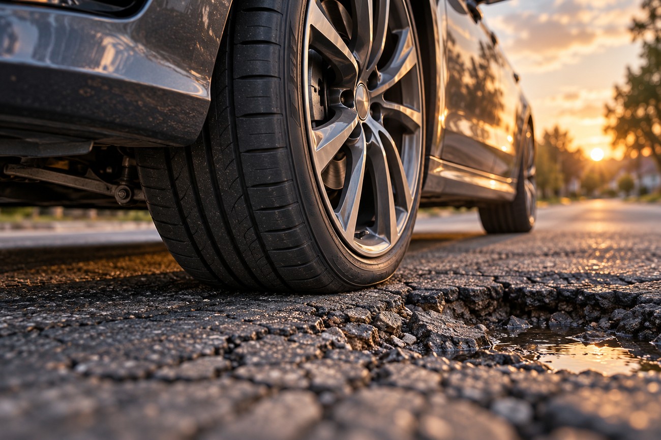 Close-up of a car wheel with a run-flat tire parked on a cracked asphalt road at sunset
