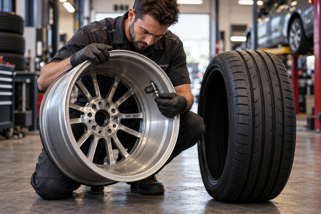 A mechanic wearing gloves inspects a TPMS sensor on an alloy wheel rim next to a run-flat tire in a repair shop