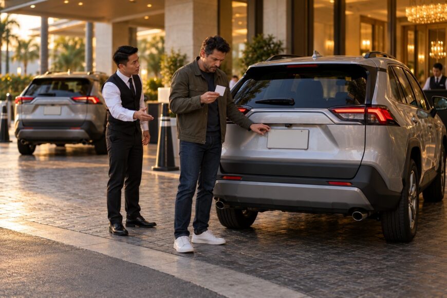 A confused man holding a valet ticket looks at the rear of a wrong silver Toyota RAV4 while a hotel parking attendant explains the mistake