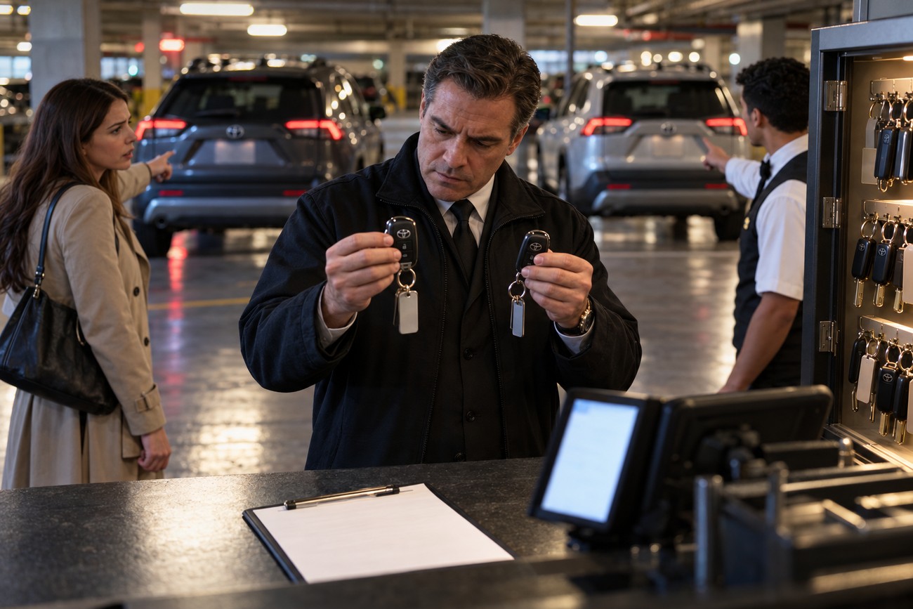Confused man holding two Toyota RAV4 key fobs at a valet parking counter with a woman and valet attendant in the background