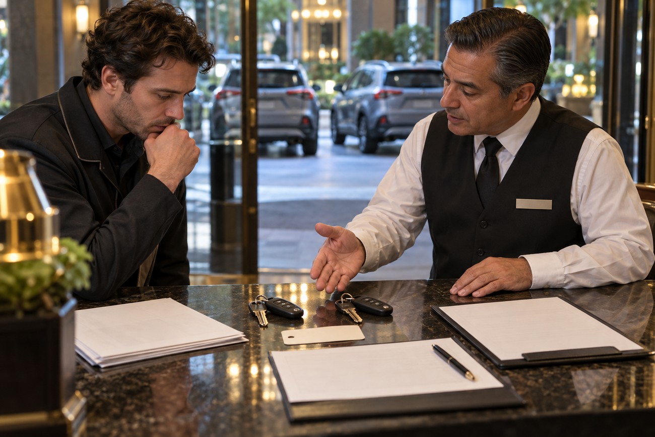 Confused man looking at Toyota RAV4 car keys while talking to a hotel valet attendant at a front desk