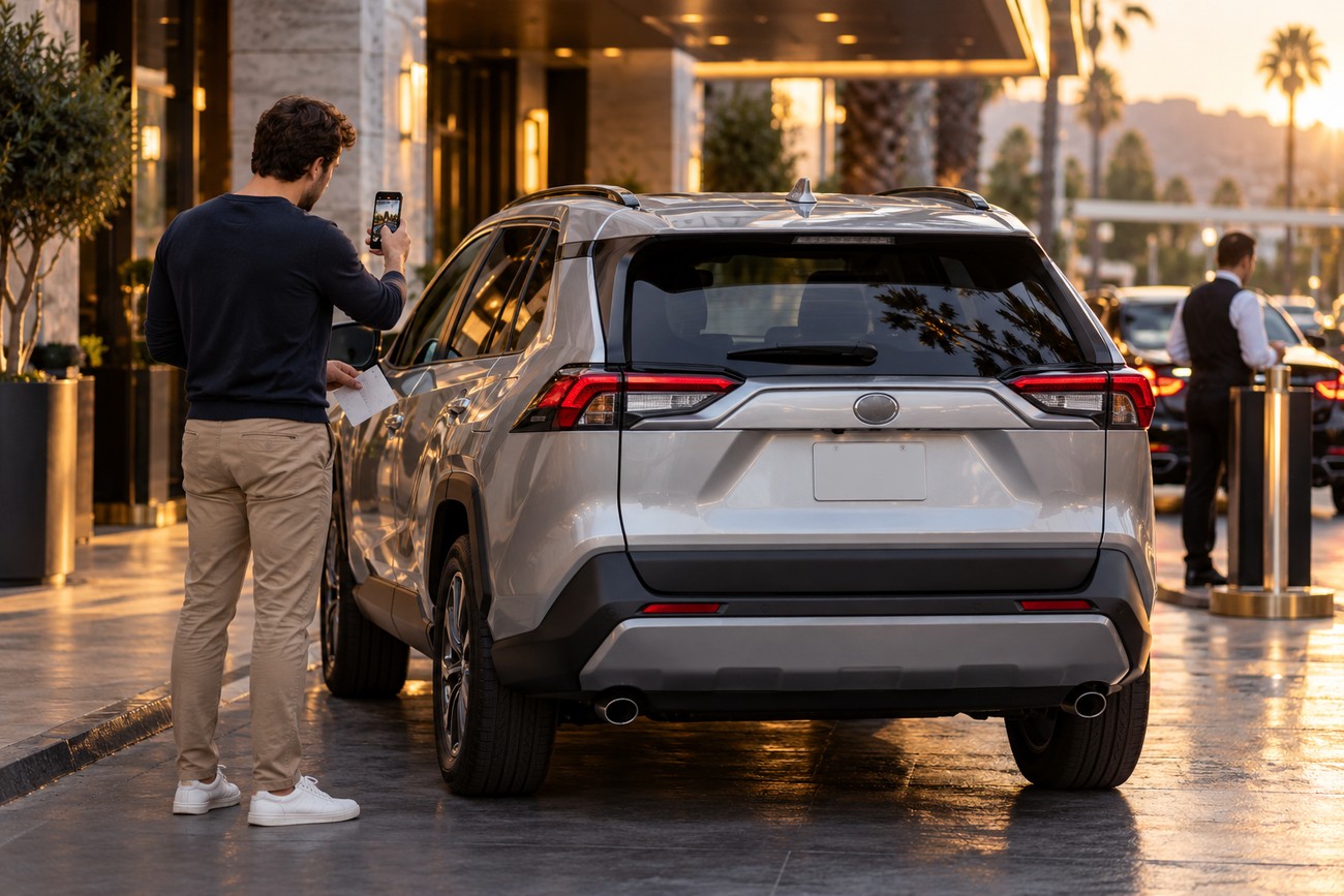 A man holding a smartphone and a valet ticket standing behind a silver Toyota RAV4 parked outside a hotel