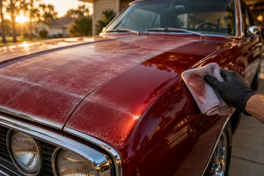 A gloved hand using a microfiber cloth to polish the oxidized red paint on a classic car hood