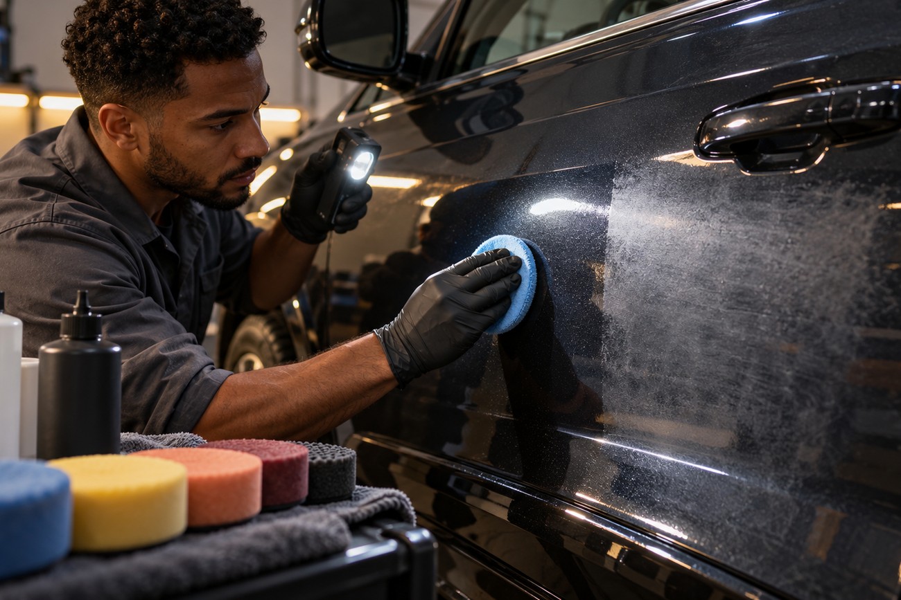 A mechanic inspecting and polishing oxidized car paint on a vehicle door using a detailing pad and flashlight