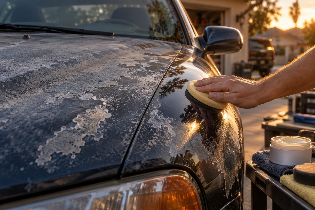 A person applying polishing compound with a sponge to restore faded and oxidized paint on a black car fender
