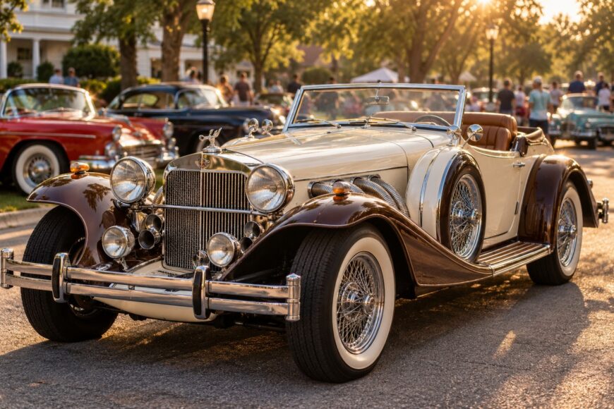 Vintage cream and brown Excalibur Series II neo-classic roadster with wire wheels and chrome grill parked outside