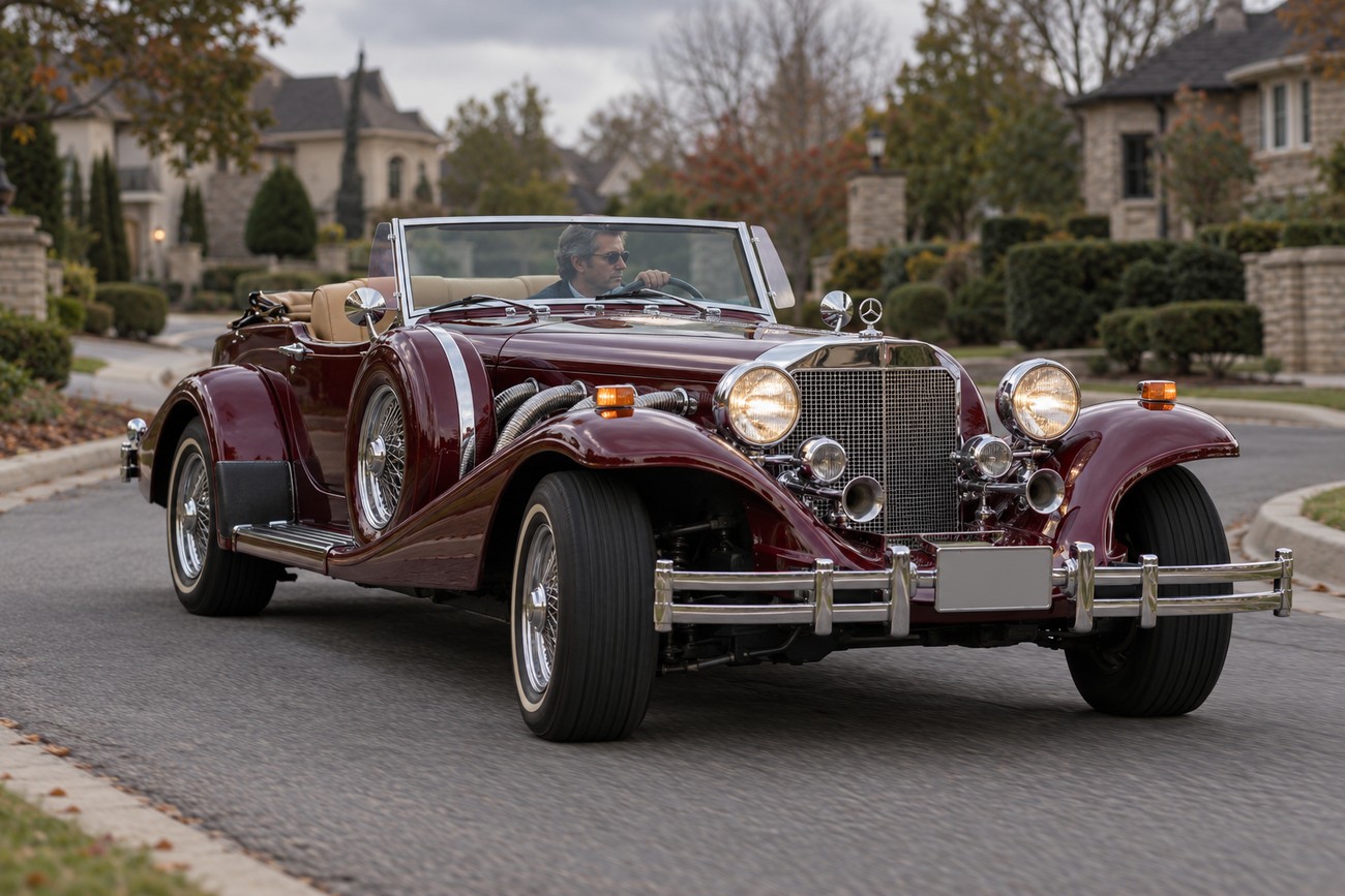 A maroon Excalibur Series II neo-classic roadster driving on a suburban residential street with a male driver