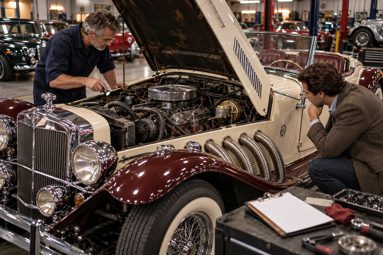 Mechanic inspecting the engine bay of a classic cream and maroon Excalibur Series II roadster with another man watching