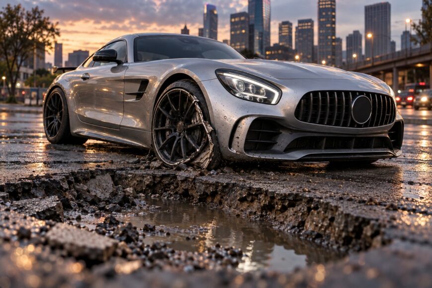 A silver Mercedes AMG sports car with a ruined low-profile tire and damaged wheel inside a large pothole filled with water