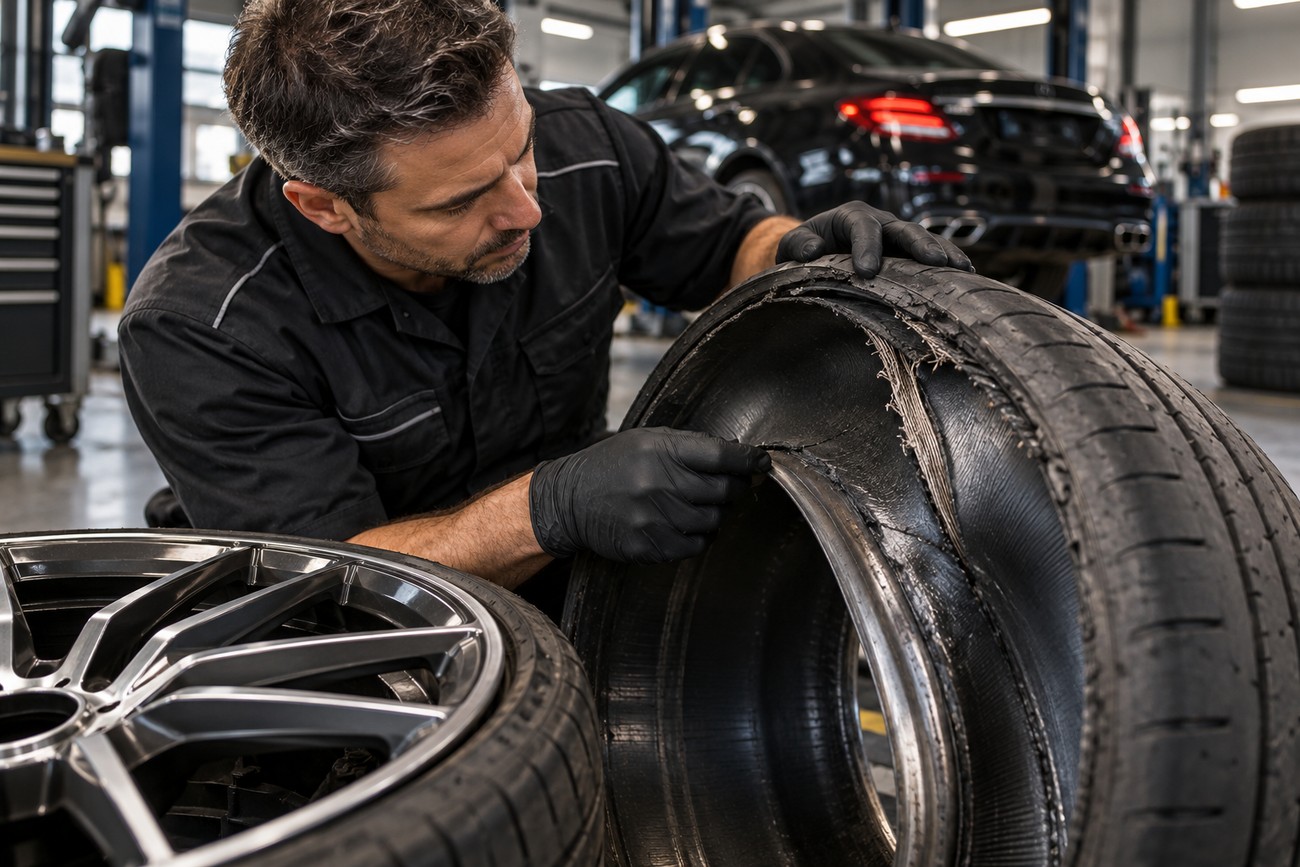 Mechanic wearing black gloves inspecting a severely damaged Mercedes AMG low profile tire in a service shop