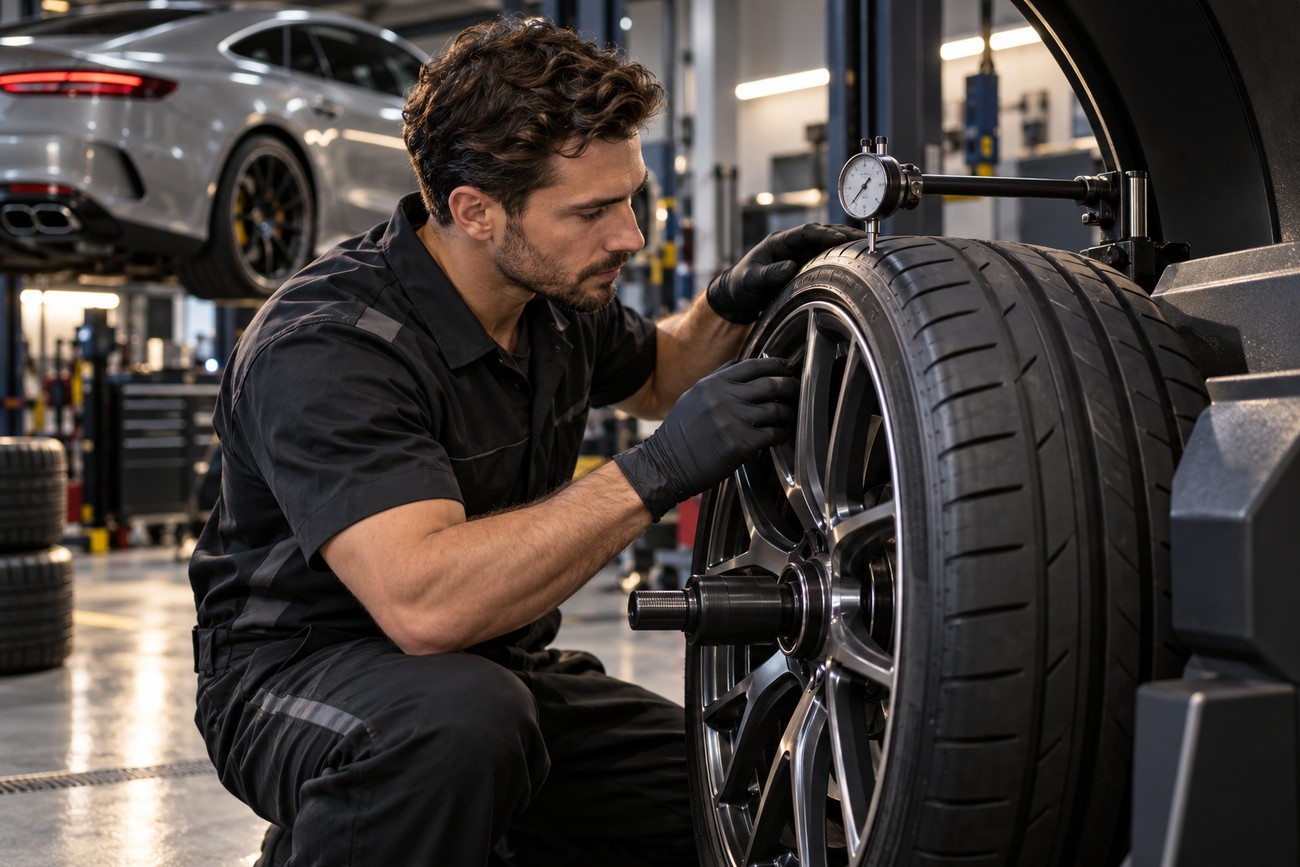 Mechanic wearing black gloves inspecting a low-profile tire and alloy wheel in an auto repair shop with a Mercedes AMG in the background