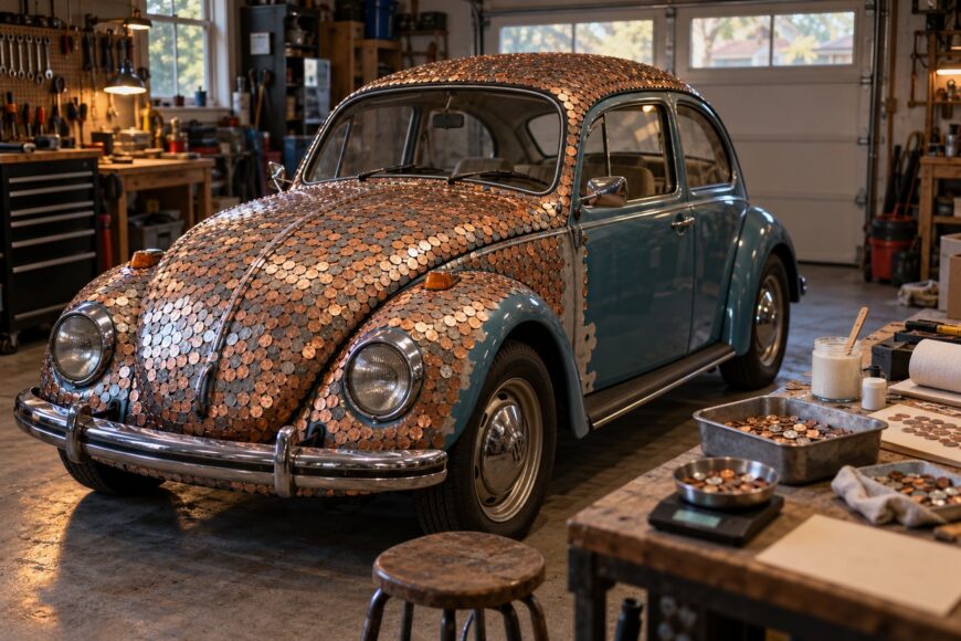 A vintage blue VW Beetle parked in a workshop with thousands of copper coins glued onto its exterior surface