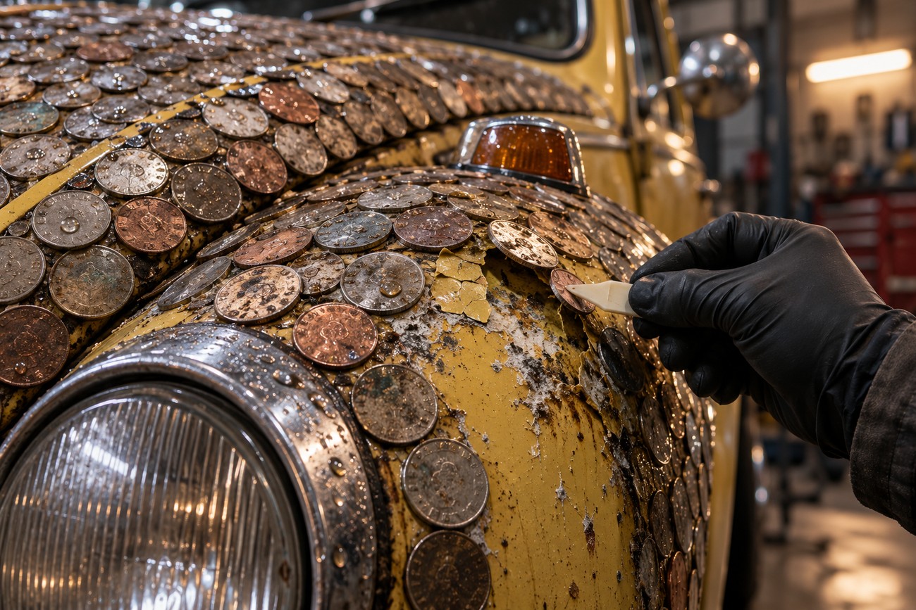 A person wearing black gloves uses a small tool to glue coins onto the yellow body of a VW Beetle covered entirely in metallic coins