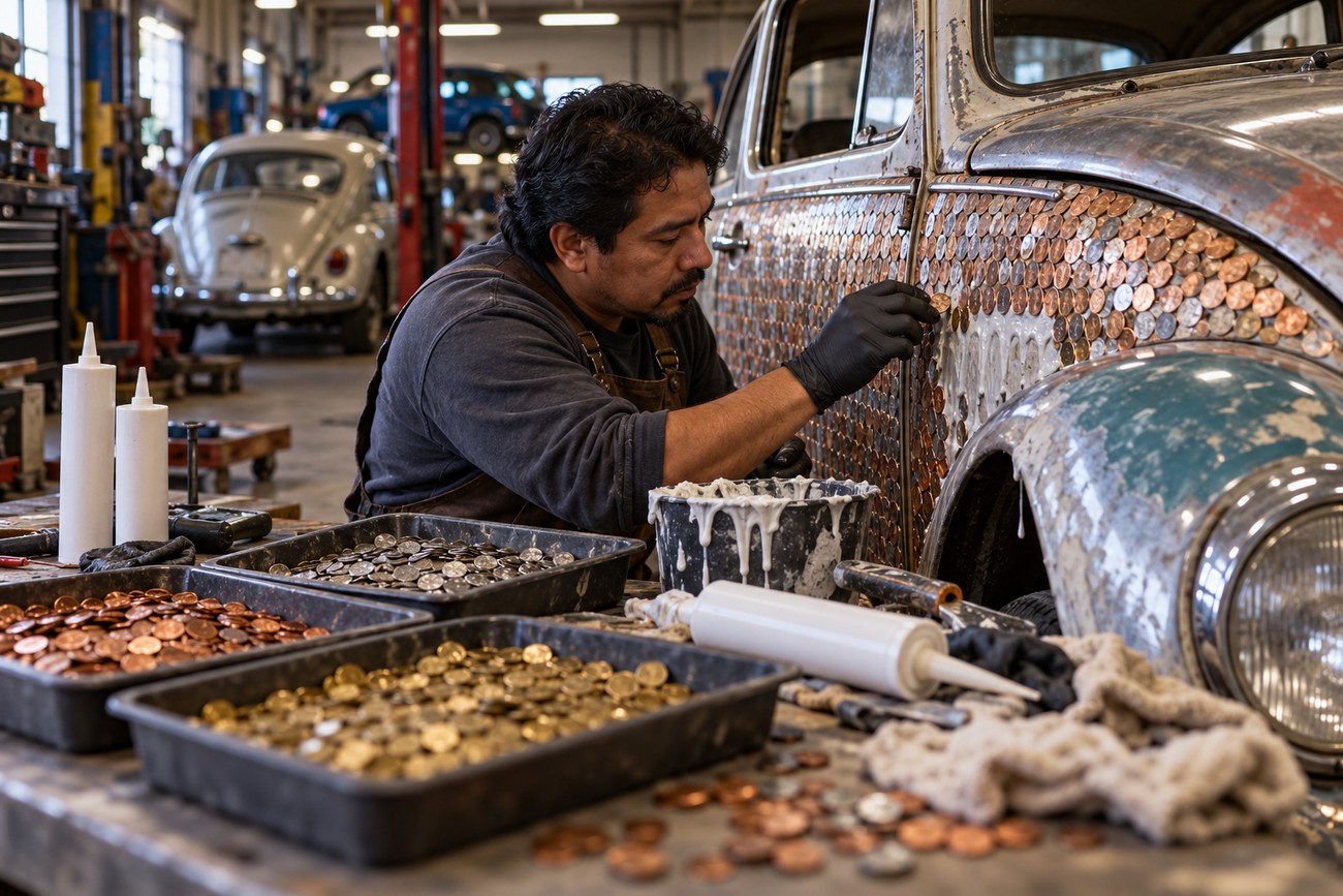 A man wearing gloves carefully gluing coins to the side of a classic VW Beetle in a workshop