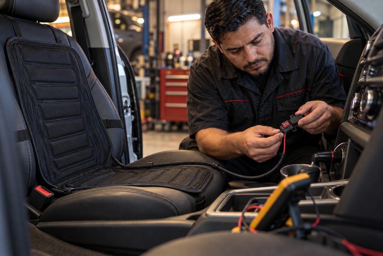 A mechanic in a black uniform connects the wiring of a heated seat pad inside a car