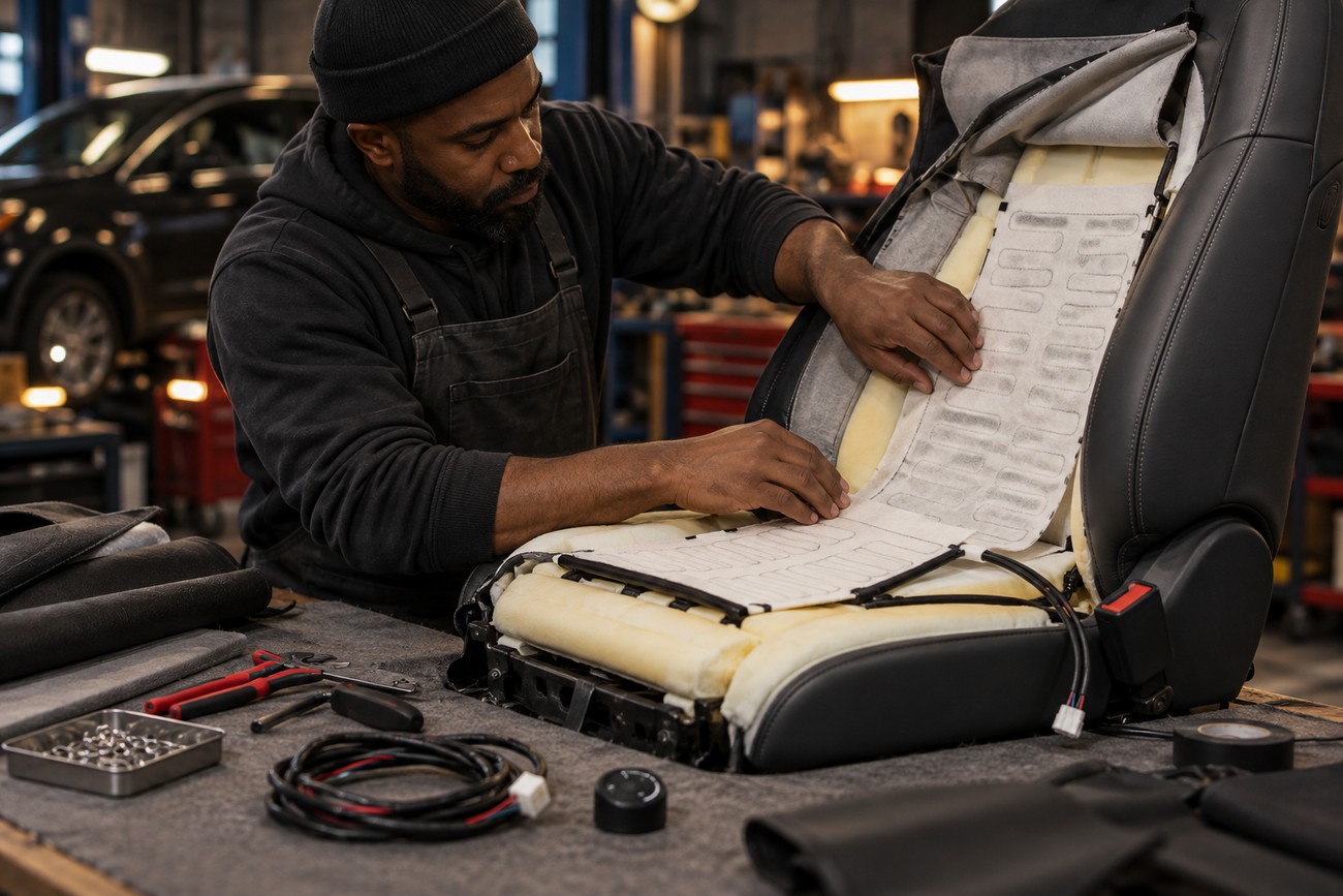 A mechanic installing a heated seat pad heating element onto the foam of a car seat in a workshop